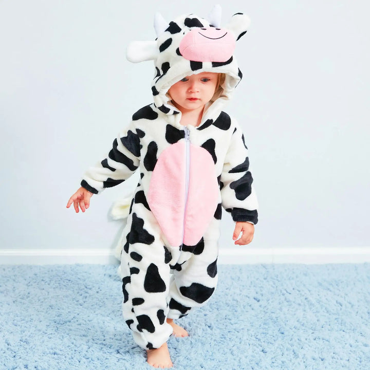 Newborn Baby Cute Tiger Panda Cow Animal Cartoon Romper Clothes Girls Pajamas Long Sleeve Hooded Jumpsuit Infant Boys Costumes